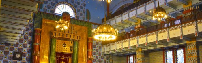 The chandeliers inside the Kazinczy Street Synagogue, Budapest