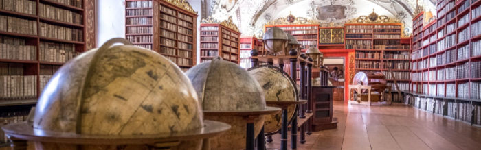 row of globes in old library