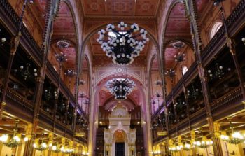 The chandeliers inside the Dohány Street Synagogue.