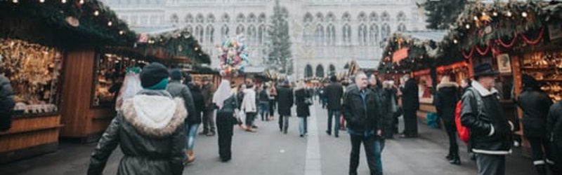 A Christmas market in front of Rathaus, Vienna's City Hall.