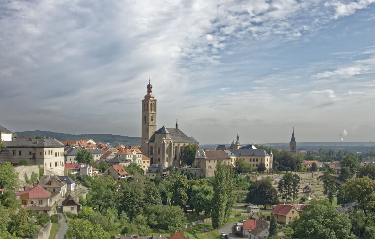skyline of small medieval town with large steeple