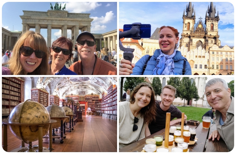 a collage of 4 photos taken on differen ttours in Prague, Berlin, and Vienna