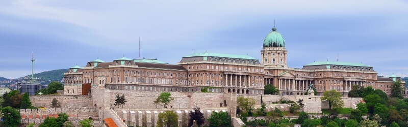 view of a palace in Budapest from the other side of the river