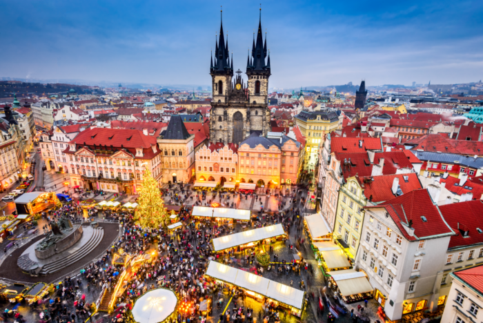beautifully lit old town square of the Christmas Prague